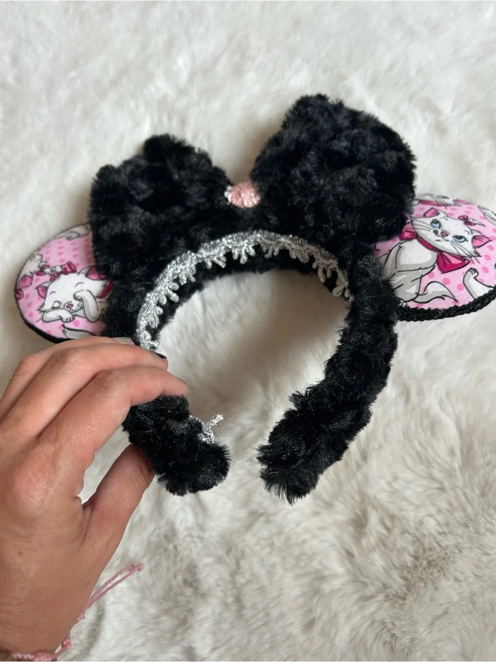 Handmade Black Fuzzy Bow Pink Marie Print Park Mouse Ears